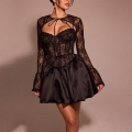 Women Sexy Black Lace Patchwork Dress Two-Piece Set Long Sleeve Shrug Corset Top with Fishbone Satin A-Line Flared Mini Dress for Party Club Night