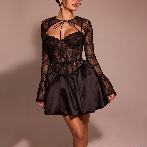 Women Sexy Black Lace Patchwork Dress Two-Piece Set Long Sleeve Shrug Corset Top with Fishbone Satin A-Line Flared Mini Dress for Party Club Night