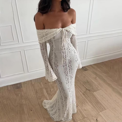 Women's Sexy Off-Shoulder Lace Maxi Dress Elegant Long Trumpet Sleeve Floor Length Trailing Fishtail Evening Party Gown For Wedding Women