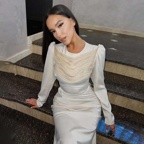 Elegant Women's Long Sleeve Satin Evening Maxi Dress Pleated Slim Fit Back Drawstring Party Prom Banquet Gown Dress