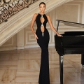 Women's Elegant Hollow Out Halter Maxi Dress With Detachable Green Jewelry Ornaments Slim Fit Mermaid Evening Party Long Gown