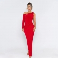 Women's Elegant One Shoulder Long Sleeve Maxi Dress Polyester Milk Silk 3D Flower Cutout Sexy Pleated Evening Party Dress Slim Fit Bodycon Gown