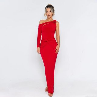 Women's Elegant One Shoulder Long Sleeve Maxi Dress Polyester Milk Silk 3D Flower Cutout Sexy Pleated Evening Party Dress Slim Fit Bodycon Gown