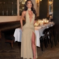 Women's Sexy Halter Deep V Neck High Slit Maxi Dress Backless Glitter Sequins Party Evening Gown Milk Silk Polyester Bodycon Long Dress