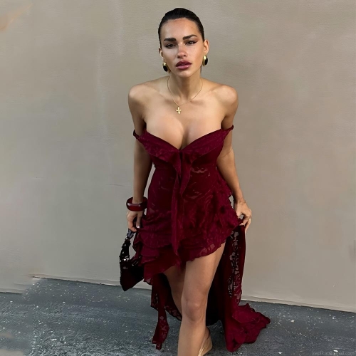 Women's Sexy Off-Shoulder Lace Backless Irregular Ruffle Hem Maxi Dress Elegant Solid High-Low Long Gown For Party Club Evening Lady