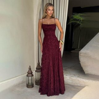 Women's Elegant Jacquard Chiffon Maxi Dress Sexy Backless Spaghetti Strap Evening Gown For Wedding Party Banquet Summer Floor Length Dress
