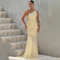 Women's Sexy One Shoulder Backless Maxi Dress Satin Mesh Splicing Mermaid Evening Gown Cocktail Party High Waist Slim Fit Sleeveless Bodycon Long Dress