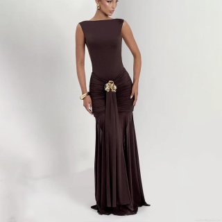 Sexy Backless Maxi Dress For Women Milk Silk Mesh Pleated Bodycon Evening Dress With Metal Buckle High Slit Sleeveless Party Long Gown