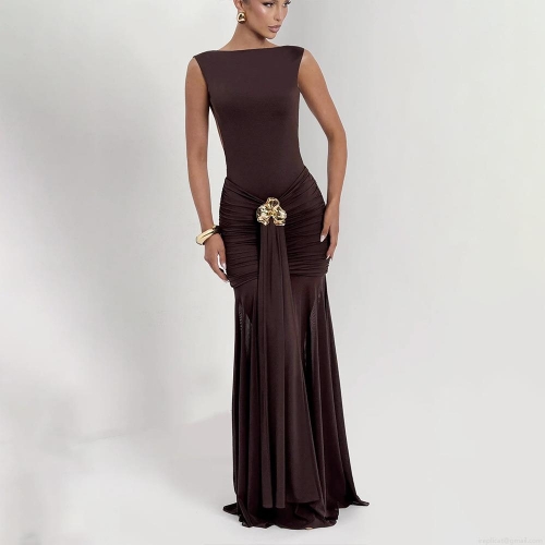 Sexy Backless Maxi Dress For Women Milk Silk Mesh Pleated Bodycon Evening Dress With Metal Buckle High Slit Sleeveless Party Long Gown