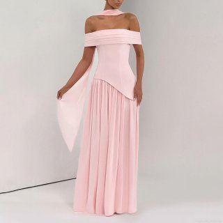 Women Sexy Off Shoulder Maxi Dress High Slit Ruched Bodycon Evening Gown With Matching Scarf Milk Silk Polyester Long Dress For Party Club Night Out