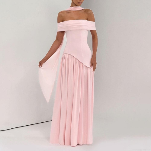 Women Sexy Off Shoulder Maxi Dress High Slit Ruched Bodycon Evening Gown With Matching Scarf Milk Silk Polyester Long Dress For Party Club Night Out