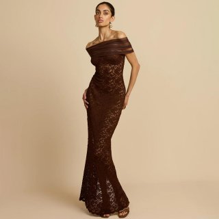 Women Sexy Off-Shoulder Lace Patchwork Mesh Fish-Tail Maxi Dress Elegant Sheer Bodycon Evening Party Banquet Gown With Back Slit