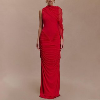 Women's Sexy Slim Fit Ruched Maxi Dress With Mesh One Shoulder Shawl Round Neck Milk Silk Pleated Evening Party Wedding Prom Long Dress