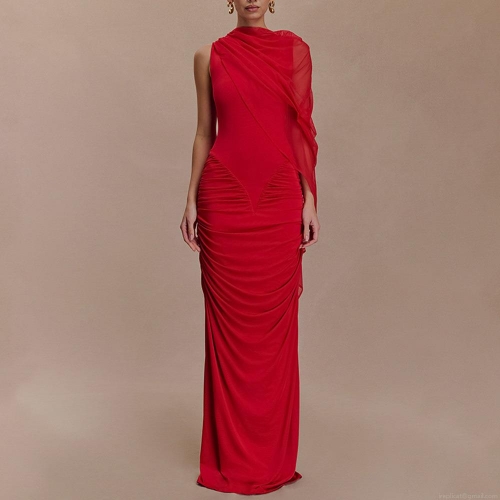 Women's Sexy Slim Fit Ruched Maxi Dress With Mesh One Shoulder Shawl Round Neck Milk Silk Pleated Evening Party Wedding Prom Long Dress