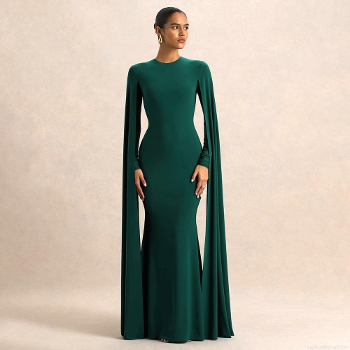 Women's Elegant Green Mermaid Evening Dress Sexy Cape Sleeve Slit Maxi Gown Slim Fit Milk Silk Formal Dress for Party Banquet