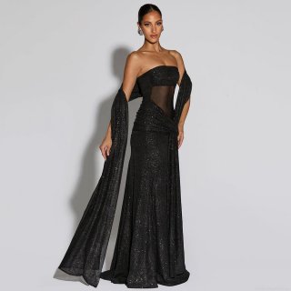 Women's Shimmering Silver Hot-Stamping Maxi Dress Sexy Off-Shoulder Mesh Patchwork Bodycon Evening Gown With Matching Scarf Elegant Party Banquet Wedding Vestidos