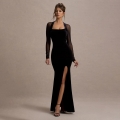 Sexy Black Velvet Mesh Patchwork Maxi Dress Women Square Neck Long Sleeve High Split Bodycon Evening Gown Party Banquet Dress