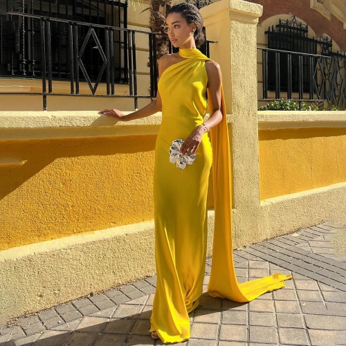 Women's Satin Backless Halter Maxi Dress Sexy Single Shoulder Evening Gown With Streamer Long Ribbon Party Dress For Women Slim Fit Wedding Guest Outfit