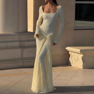 Women Sexy Backless Lace Maxi Dress Polyester Milk Silk Long Sleeve Square Neck Fishtail Evening Gown For Party Club Splicing Bandage Bodycon Long Dress