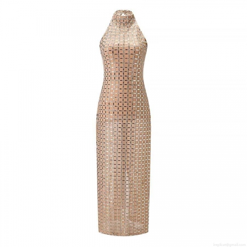 Women's Sexy Halter Backless Sequin Maxi Dress Elegant Rhinestone Grid Mesh Bodycon Evening Gown For Wedding Party Nightclub