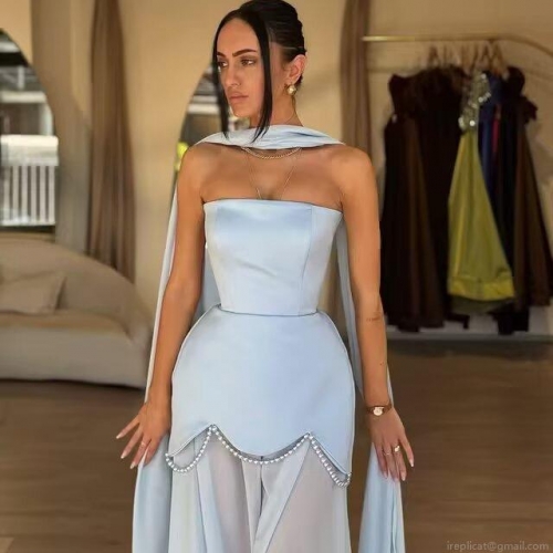 Elegant Women Satin Patchwork Maxi Dress With Pearl Beading Long Streamer Halter Neck Bodycon Evening Party Wedding Gown Dress