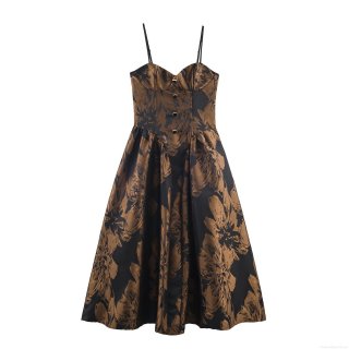 Women's Retro Jacquard Maxi Dress Sexy Spaghetti Strap Corset Top High Waist A-Line Swing Party Evening Banquet Long Dress