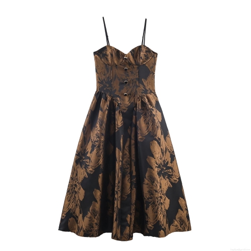 Women's Retro Jacquard Maxi Dress Sexy Spaghetti Strap Corset Top High Waist A-Line Swing Party Evening Banquet Long Dress