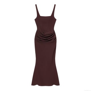 Sexy Elegant Spaghetti Strap Bodycon Maxi Dress Backless Lace Up Ruched Fishtail Evening Party Gown For Women Formal Occasion Wedding Guest Polyester Dress