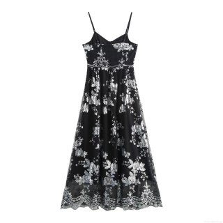 Elegant Sequin Flower Embroidery Spaghetti Strap Maxi Dress For Women Sexy V-Neck Backless High Waist Evening Party Banquet Long Gown Prom Dress