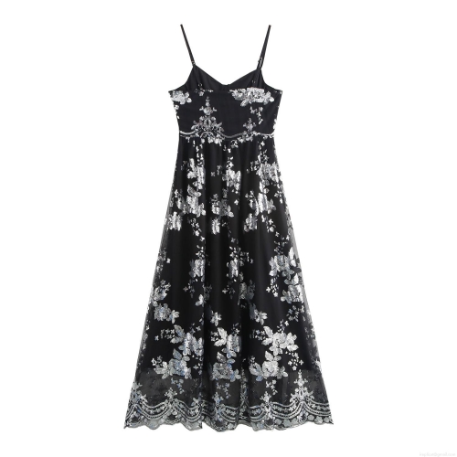 Elegant Sequin Flower Embroidery Spaghetti Strap Maxi Dress For Women Sexy V-Neck Backless High Waist Evening Party Banquet Long Gown Prom Dress