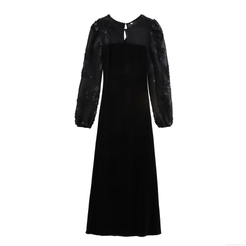 French Elegant Velvet Mesh Patchwork Maxi Dress 3D Flower Embroidery Long Sleeve High Waist Bodycon Evening Party Gown For Women
