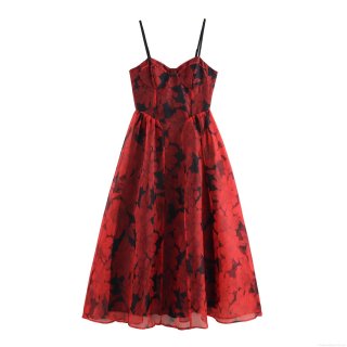 French Style Floral Print Organza Midi Dress Sexy Bustier Cup Spaghetti Strap Puffy A-Line Evening Party Dress For Women Elegant Summer Vacation Outfits