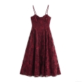 Elegant Wine Red Sequin Floral Lace Spaghetti Strap Maxi Dress Vintage High Waist Slim Fit Party Evening Gown For Women