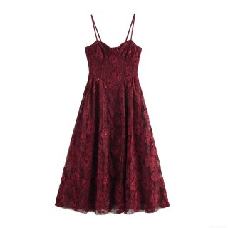 Elegant Wine Red Sequin Floral Lace Spaghetti Strap Maxi Dress Vintage High Waist Slim Fit Party Evening Gown For Women
