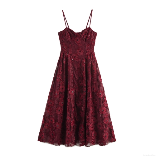 Elegant Wine Red Sequin Floral Lace Spaghetti Strap Maxi Dress Vintage High Waist Slim Fit Party Evening Gown For Women