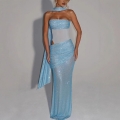 Sexy Women Sequin Strapless Maxi Dress With Scarf Sparkling Rhinestone Mesh Patchwork Cutout Bodycon Long Dress For Party Banquet Evening Gown