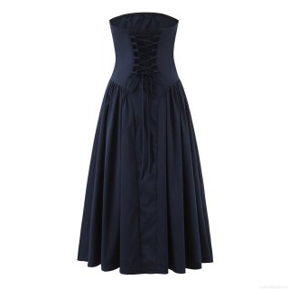 Women's Elegant Strapless Maxi Dress Polyester Cotton Blend Lace-up Back Smocking Pleated A-Line Long Party Evening Princess Dress For Lady