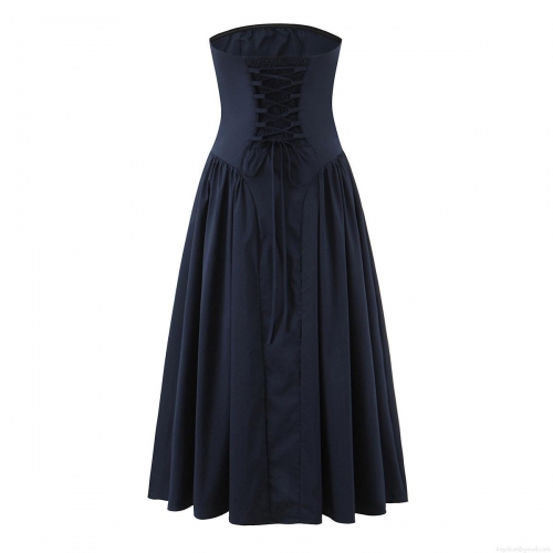 Women's Elegant Strapless Maxi Dress Polyester Cotton Blend Lace-up Back Smocking Pleated A-Line Long Party Evening Princess Dress For Lady