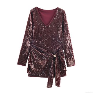 Luxury Sequin Bodycon Mini Dress V-Neck Long Sleeve Tie Waist Wine Red Sexy Glitter Party Clubwear Evening Dress for Women