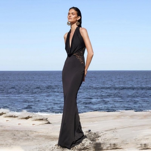 Elegant Women Halter V-Neck Backless Evening Gown Sexy Lace Splicing Bodycon Maxi Dress For Wedding Party Formal Event Slim Fit Floor Length Dress