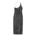 Women Sexy Sequin Bodycon Midi Dress Asymmetric One Shoulder Halter Neck With Metal Chain Strap Side Slit Backless Black Sparkly Party Evening Club Prom Cocktail Dress