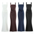 Women's Elegant Satin Square Neck Sleeveless Fishtail Maxi Dress Backless Crisscross Lace-up Bodycon Party Evening Wedding Gown Solid Color Ruched Slim Fit