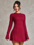 Women's Sexy Backless Mini Dress Elegant Burgundy Long Sleeve Slim Fit Knitted Party Dress Polyester Elastane Round Neck Solid Color Short A-Line Dress for Date Night Evening Clubwear