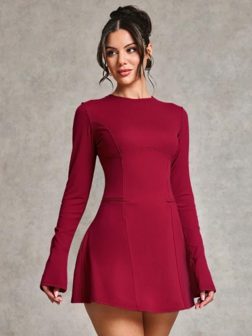 Women's Sexy Backless Mini Dress Elegant Burgundy Long Sleeve Slim Fit Knitted Party Dress Polyester Elastane Round Neck Solid Color Short A-Line Dress for Date Night Evening Clubwear