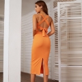 Women's Elegant Knitted Bodycon Midi Dress Backless Slit Evening Party Cocktail Sleeveless U-Neck Bow Tie Solid Dress