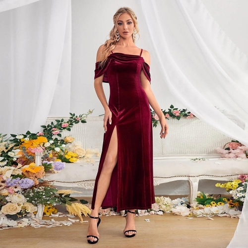 Women's Elegant Velvet Maxi Dress Off Shoulder Spaghetti Strap High Slit Bodycon Evening Gown For Party Wedding Formal Occasions Lady