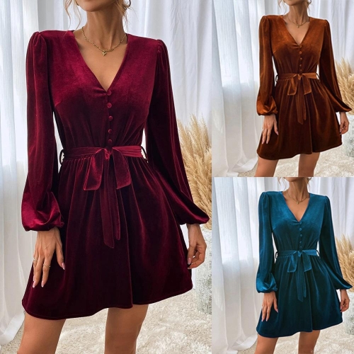 Women's Elegant Velvet V-Neck Mini Dress Long Sleeve A-Line Party Evening Dress With Waist Tie Button Decor Sexy Autumn Winter Slim Dress