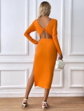 Women Sexy Backless Twist Knot Knitted Party Dress Elegant Long Sleeve High Side Slit Slim Fit Bodycon Midi Dress For Evening Cocktail Date Night Viscose Blend