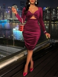 Elegant Sexy V Neck Velvet Dress Women Hollow Out Knot Front Ruched Bodycon Midi Dress Long Sleeve Polyester Elastane Party Nightclub Evening Outfits