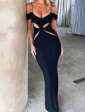 Elegant Black Off-The-Shoulder Cut-Out Bodycon Maxi Dress Polyester Spandex High Slit Slim Fit Formal Evening Party Celebrity Gown For Women